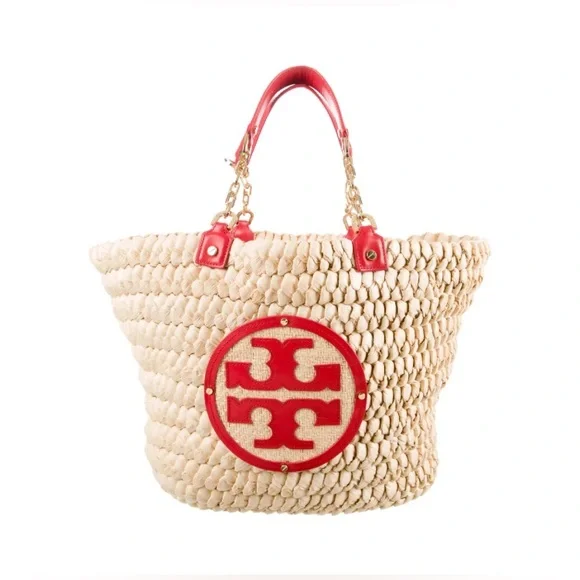 Tory Burch - EUC - Audrey Straw Woven Tote with Red Accents - Like New - Picture 1 of 13